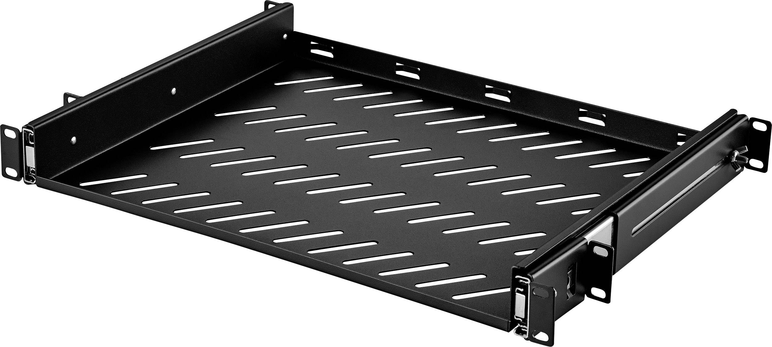Zwart, geventileerd rack-lade-element voor montage in een server- of IT-kast, voorzien van zijdelingse bevestigingsbeugels en ventilatiesleuven.