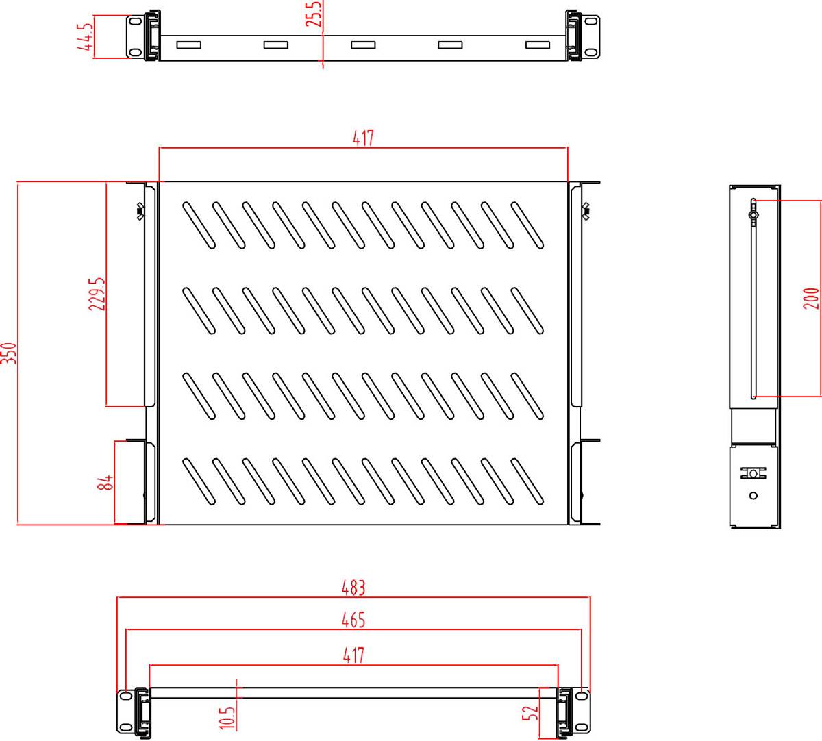 Technische tekening van een rechthoekig metalen profiel met nauwkeurige lengtematen in millimeters. Bovenaanzicht en zijaanzicht.