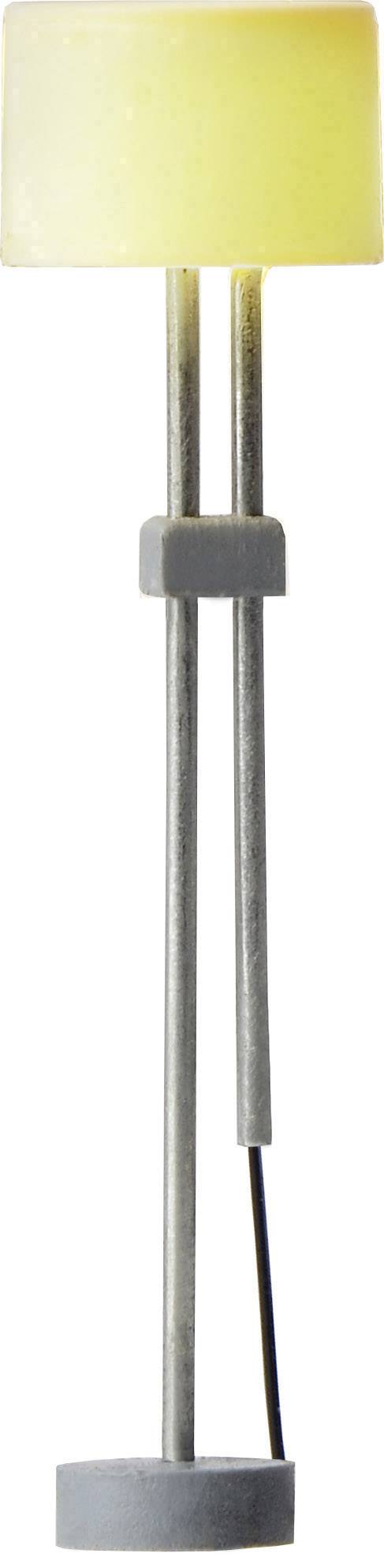 Vloerlamp met modern design: Twee dunne metalen staven dragen een cilindervorming, geel lampenkap.