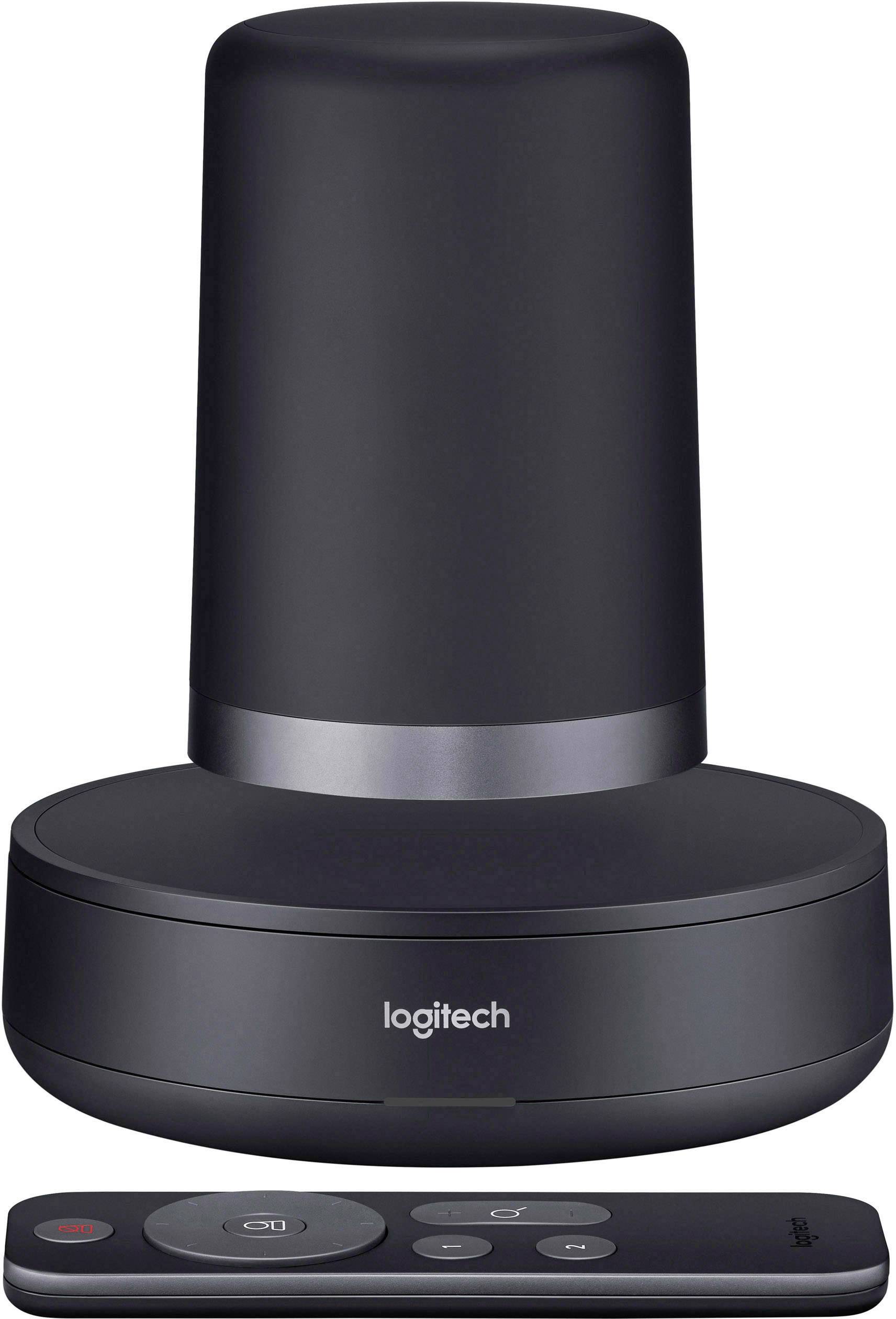 Een zwarte, cilindrische Logitech hands-free voorziening met geïntegreerde camera. Op de voorgrond ligt een bijpassende afstandsbediening.