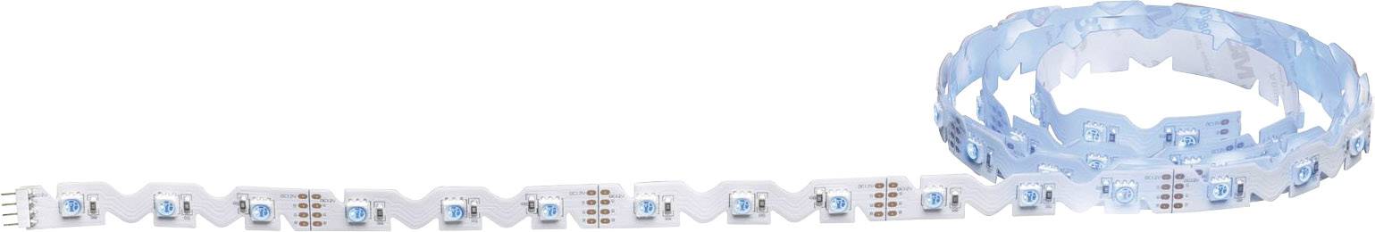 Een LED-strip met witte segmenten en elektronische componenten is uitgerold. De achterkant heeft een licht blauwe tint.