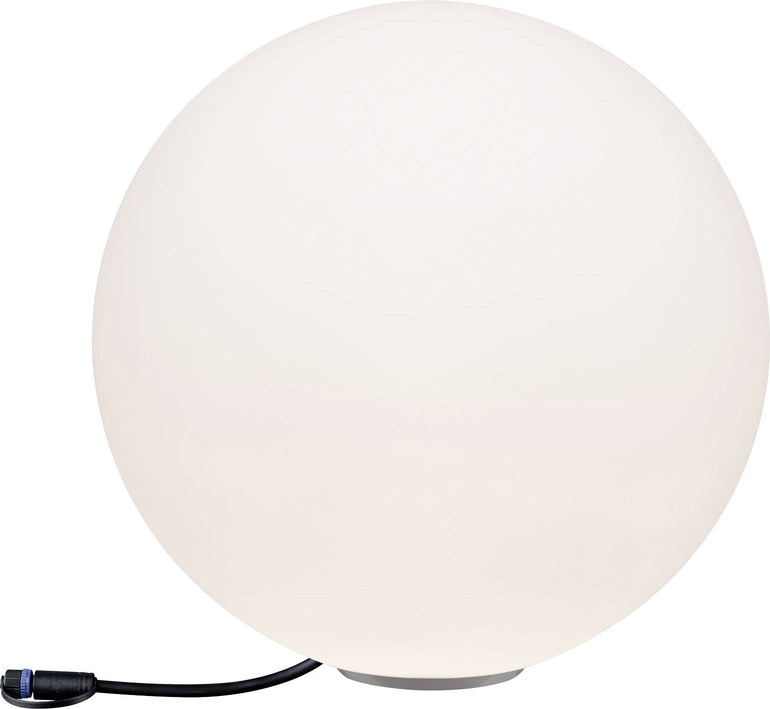 Een bolvormige, witte lamp met een aangesloten stroomkabel. Hij staat op een gladde, vlakke ondergrond.