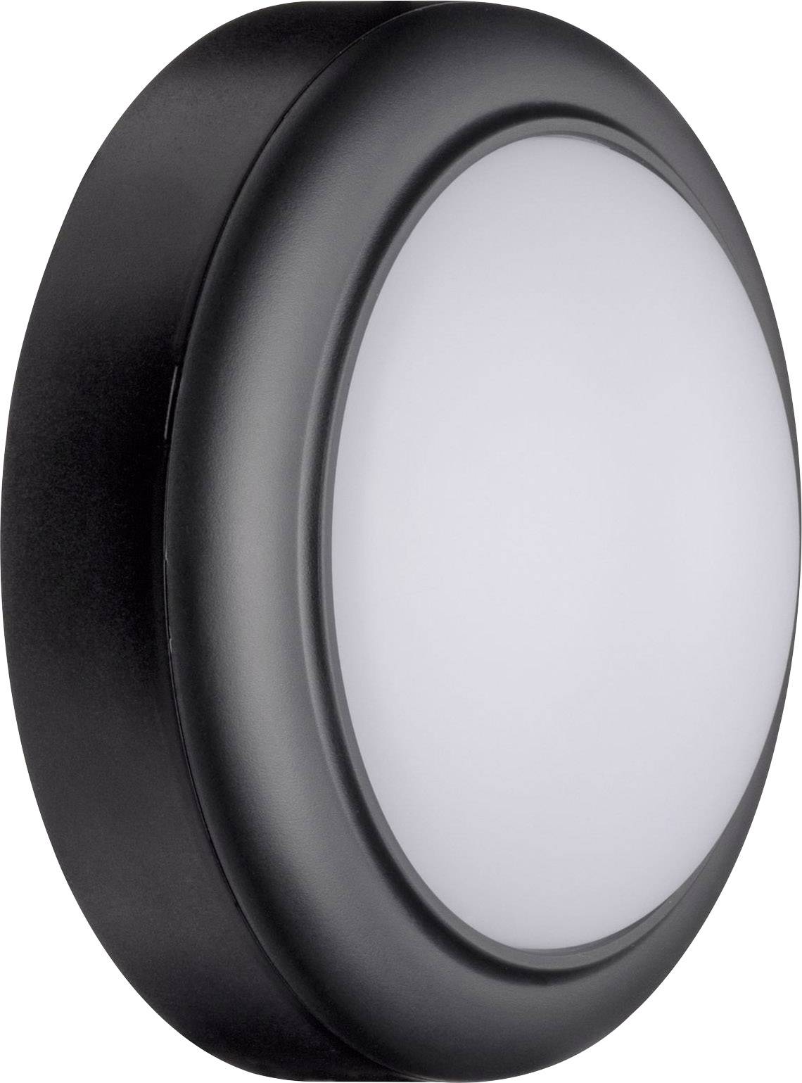 Ronde, zwarte LED-plafondlamp met witte diffuser, geschikt voor moderne interieurs.
