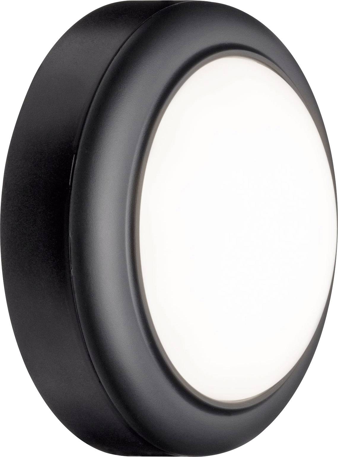Een ronde, zwarte LED-wandlamp met matte, witte diffuser, geschikt voor moderne interieurs.