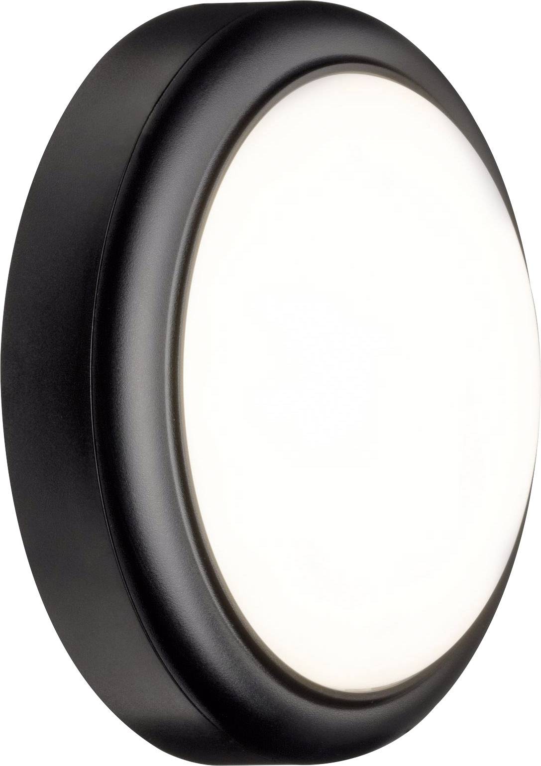 Ronde, zwarte LED-lamp met witte diffuser, geschikt voor wand- of plafondmontage. Energiezuinig en modern in design.