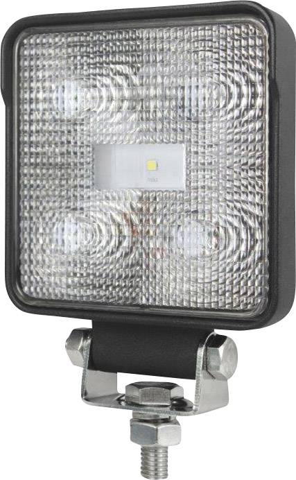 Vierkante LED-werkverlichting, zwart omrand, met vier ronde lichtpatronen en een centrale LED. Bevestigingsmateriaal onderaan zichtbaar.
