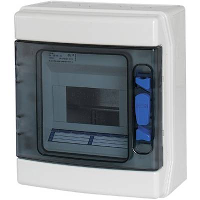 Compacte verdeelkast met transparant deurtje en blauwe componenten, geschikt voor elektrische installaties binnenshuis.