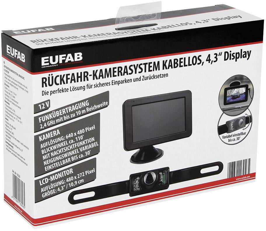 Achteruitrijcamerasysteem van EUFAB met draadloos 4,3'' display, camera en monitor. Ondersteunt veilig parkeren.