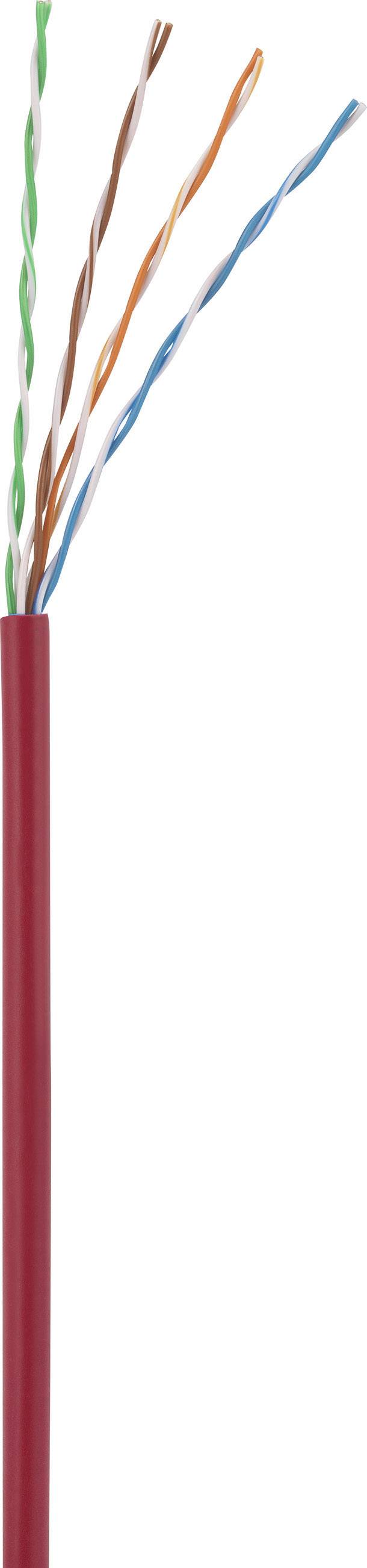 Een rood kabel met vier gedraaide draden in verschillende kleuren: groen, bruin, oranje en blauw-wit.
