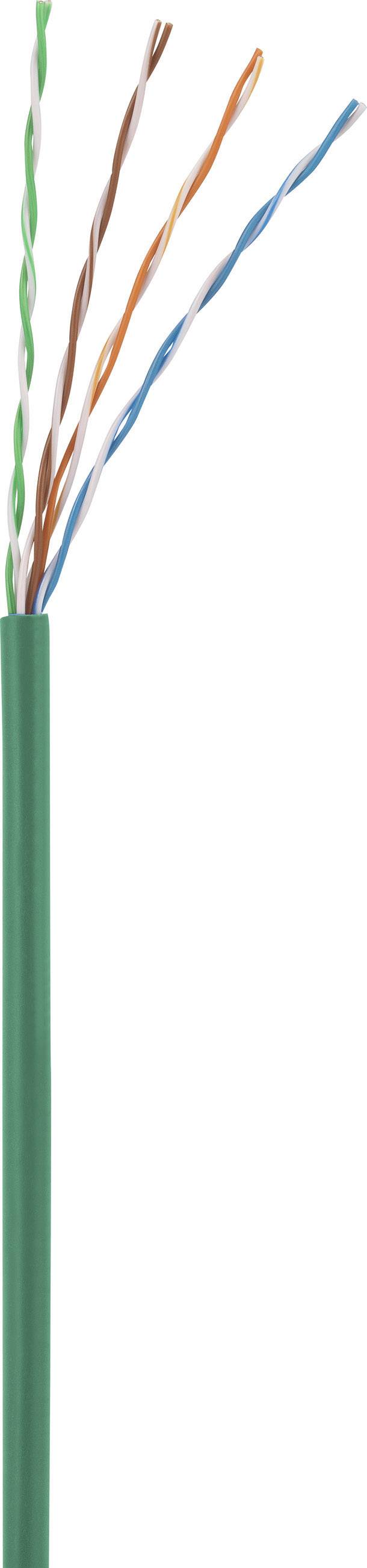 Een groen netwerkkabel met vier blootgelegde, kleurgecodeerdeaders: bruin, oranje, blauw en groen. Geschikt voor gegevensoverdracht.