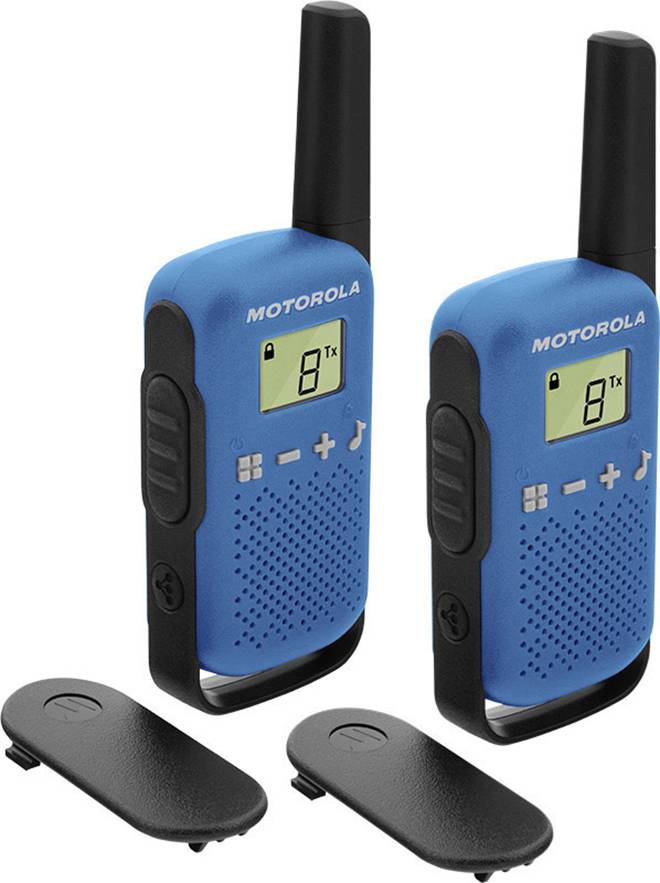 Twee blauwe walkietalkies met zwarte antenne en clip. Beide vertonen '8 Tx' op het display.