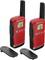 Twee rode Motorola walkietalkies met kleine displays en zwarte antennes. Ernaast liggen twee zwarte gordellussen.