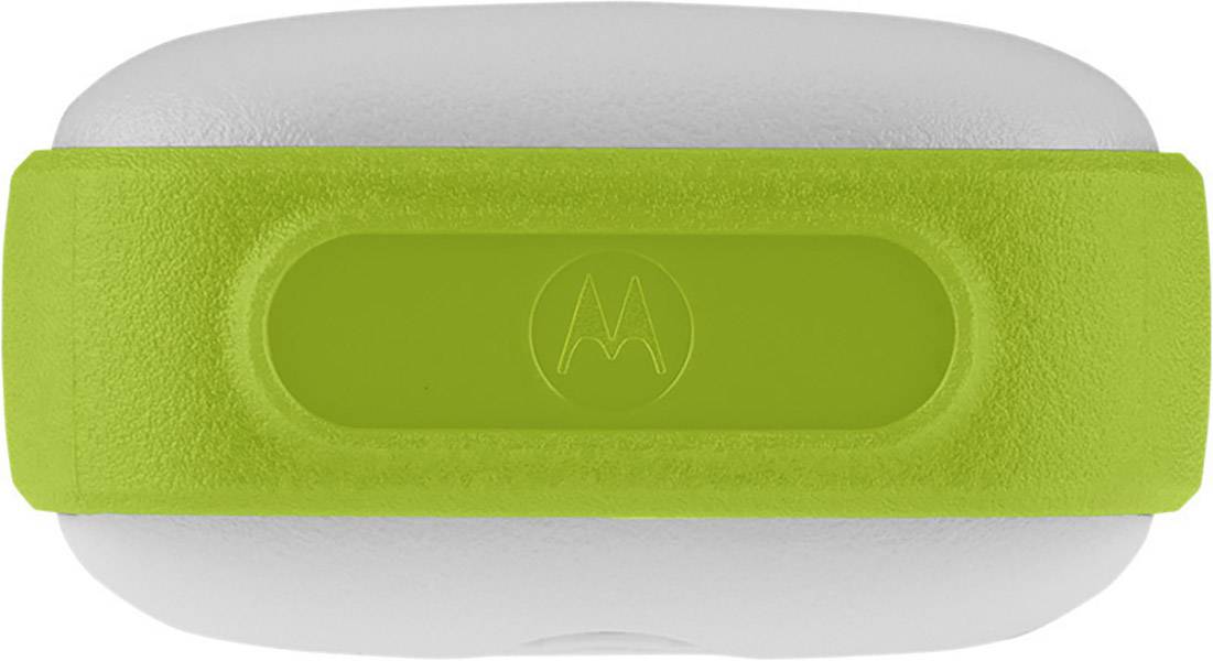 Draagbaar wit apparaat met groene rubberen rand, voorzien van een 'M'-logo. Het lijkt een elektronische accessoire of gadget te zijn.