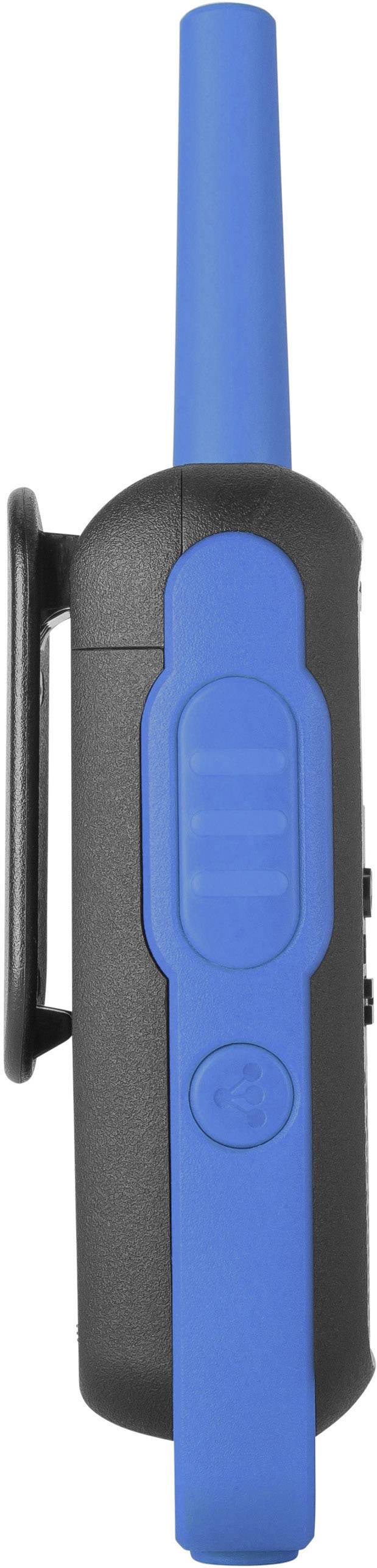 Walkietalkie in zwart en blauw gezien van opzij, met zichtbare antenne en bedieningsknoppen aan de zijkant, bedoeld voor communicatie.