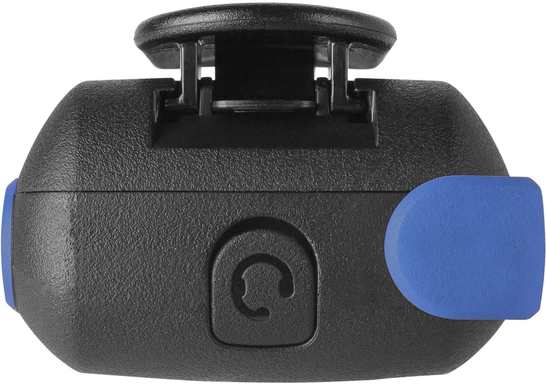 Een zwart, rechthoekig apparaat met blauwe uiteinden en een ronde knop bovenaan in het midden, waarschijnlijk een elektronisch onderdeel.