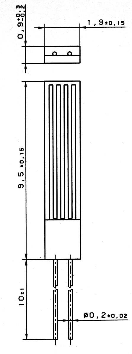 Technische tekening van een elektrische weerstand met afmetingen: lengte 10,1 mm, breedte 0,9 mm, pindiameter 0,2 mm.