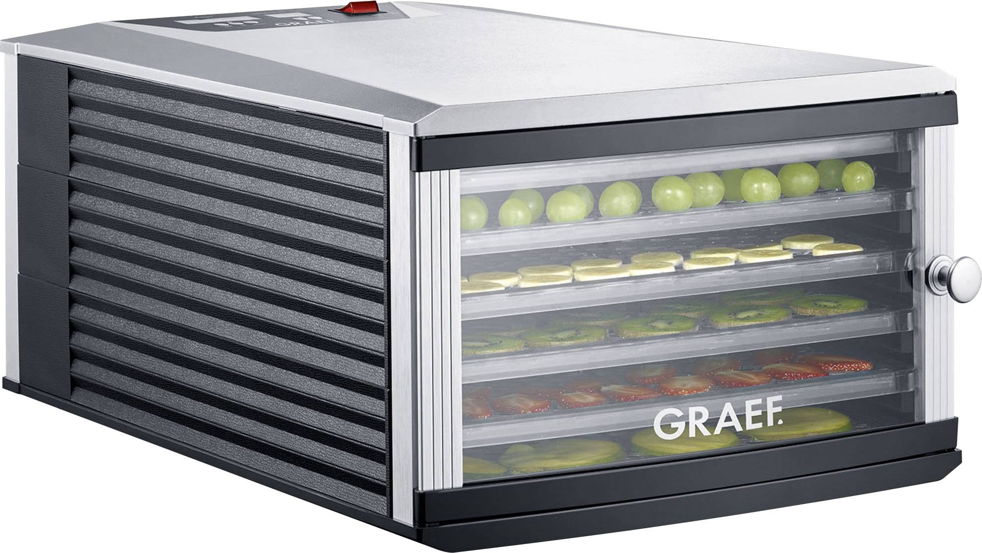 Fruit- en groentedroger met transparante deksel, toont meerdere lagen met gesneden appels, druiven en tomaten.