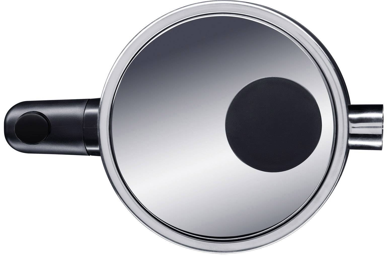 Bovenaanzicht van een glanzende pannendeksel met een zwarte handgreep en een zwart rond detail aan de rechterkant.