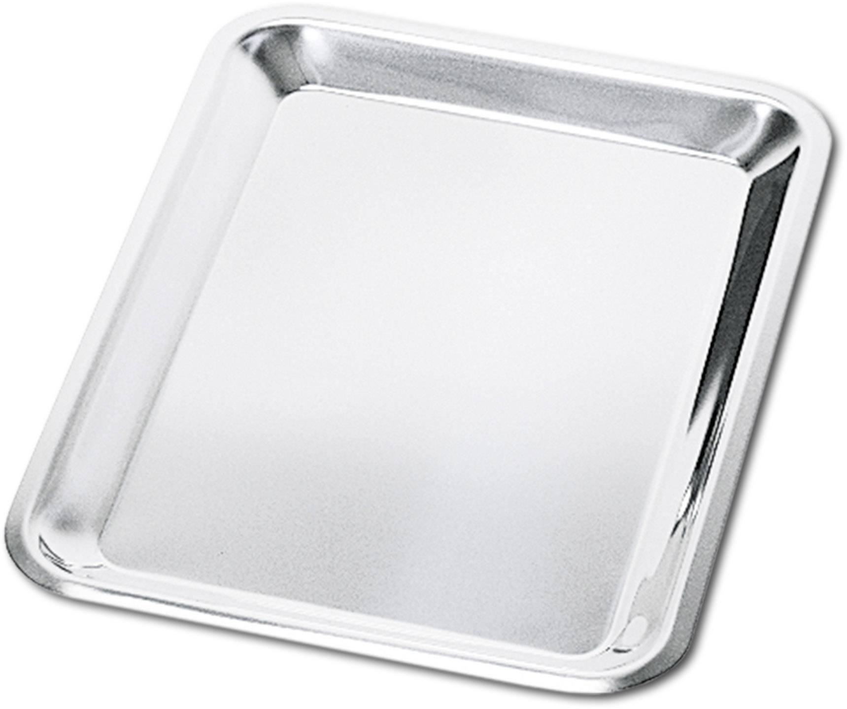 Rechthoekig metalen dienblad met opstaande rand, glanzend en reflecterend. Geschikt voor serveren of medische doeleinden.