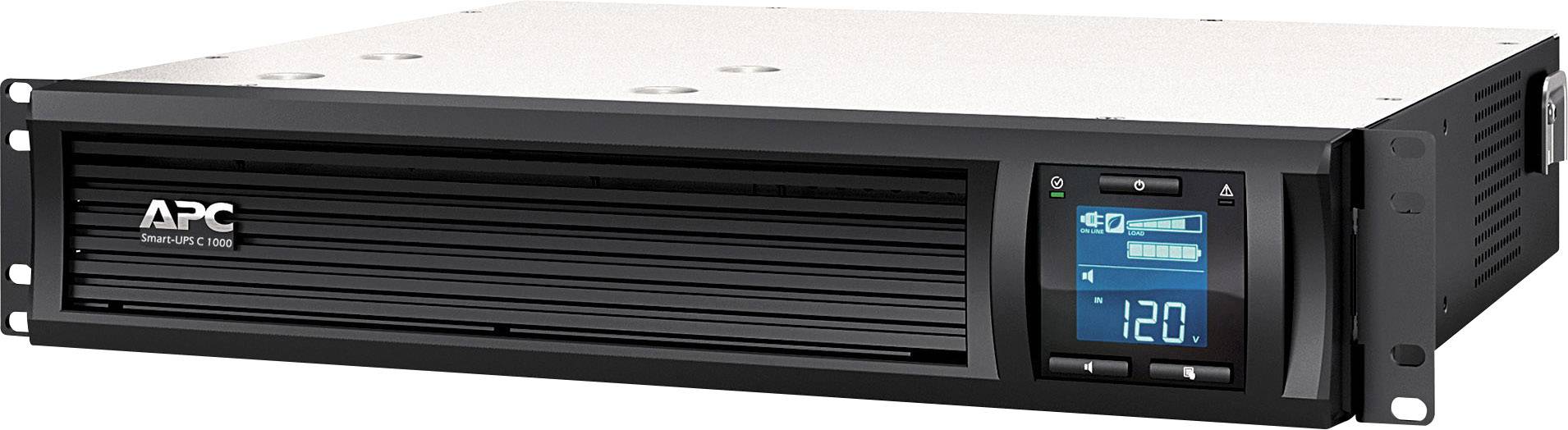 Een zwart APC-UPS-apparaat met een digitaal display toont '120 V'. Het is bedoeld voor spanningsregulatie en stroomvoorziening tijdens stroomstoringen.