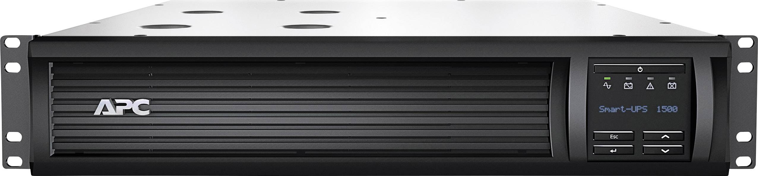 'APC Smart-UPS 1500' vooraanzicht, toont bedieningspaneel met weergave- en bedieningsknoppen.