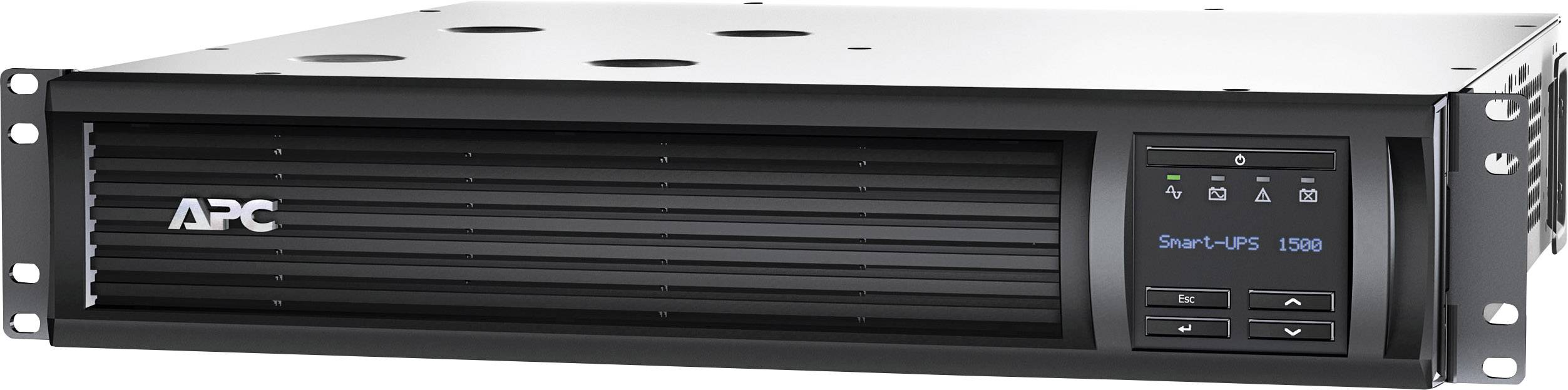APC Smart-UPS 1500 Rackmount, een onderbrekingsvrij stroomvoorzieningssysteem voor servers en netwerkapparatuur, in een zwarte behuizing.