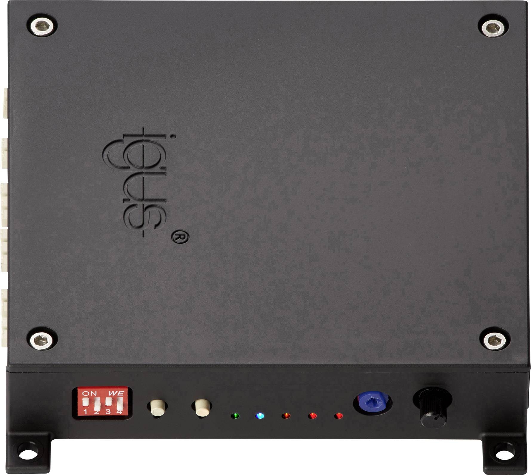 Zwart-grijze elektronische stuurkast met meerdere schakelaars en indicatielichten. Linksboven bevinden zich een logo en LED-displays.