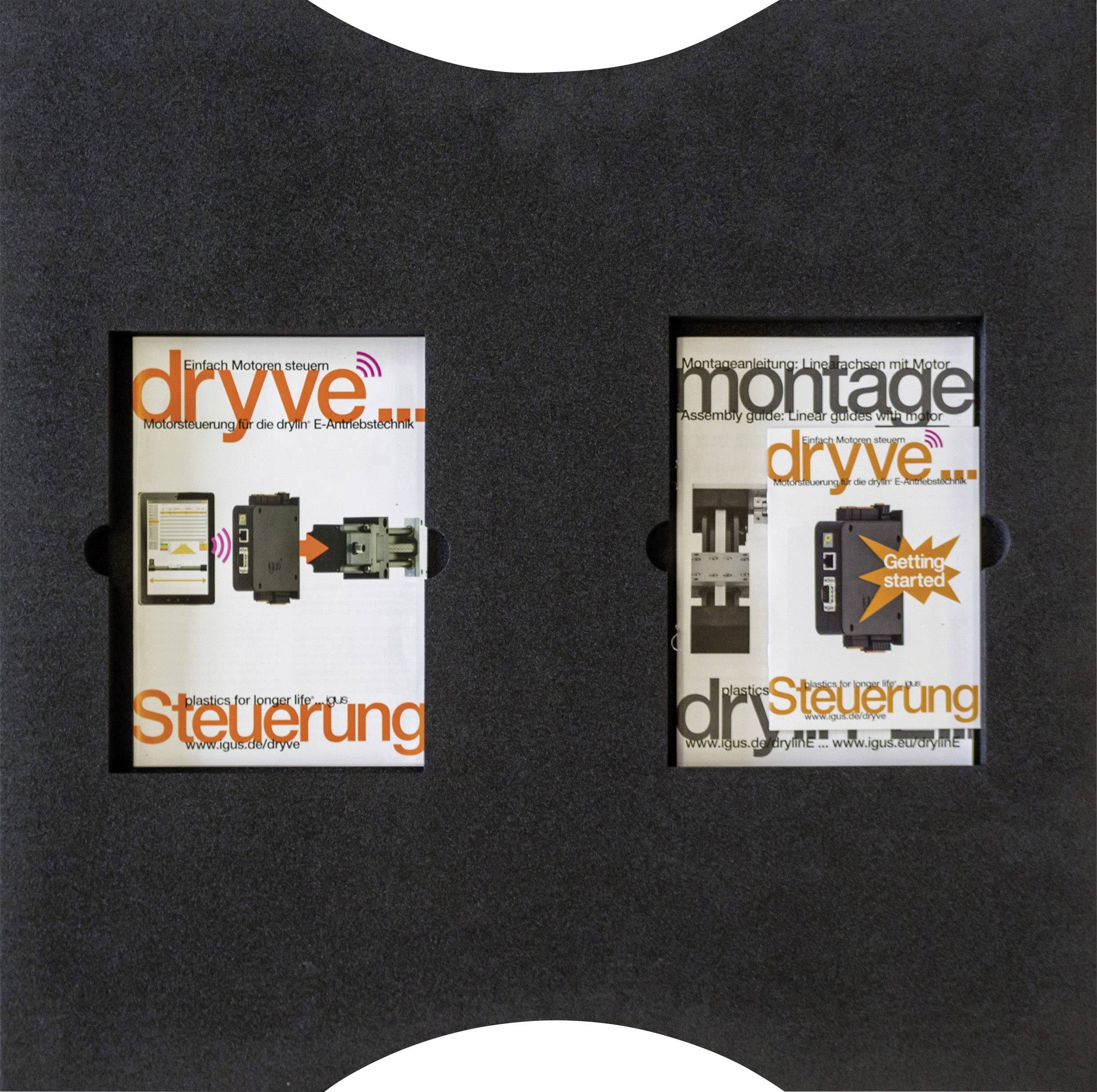 Twee brochures in een zwarte lijst. Links 'dryve besturing' met een afbeelding van een besturingseenheid; rechts 'montage dryve besturing' met een montagestap.