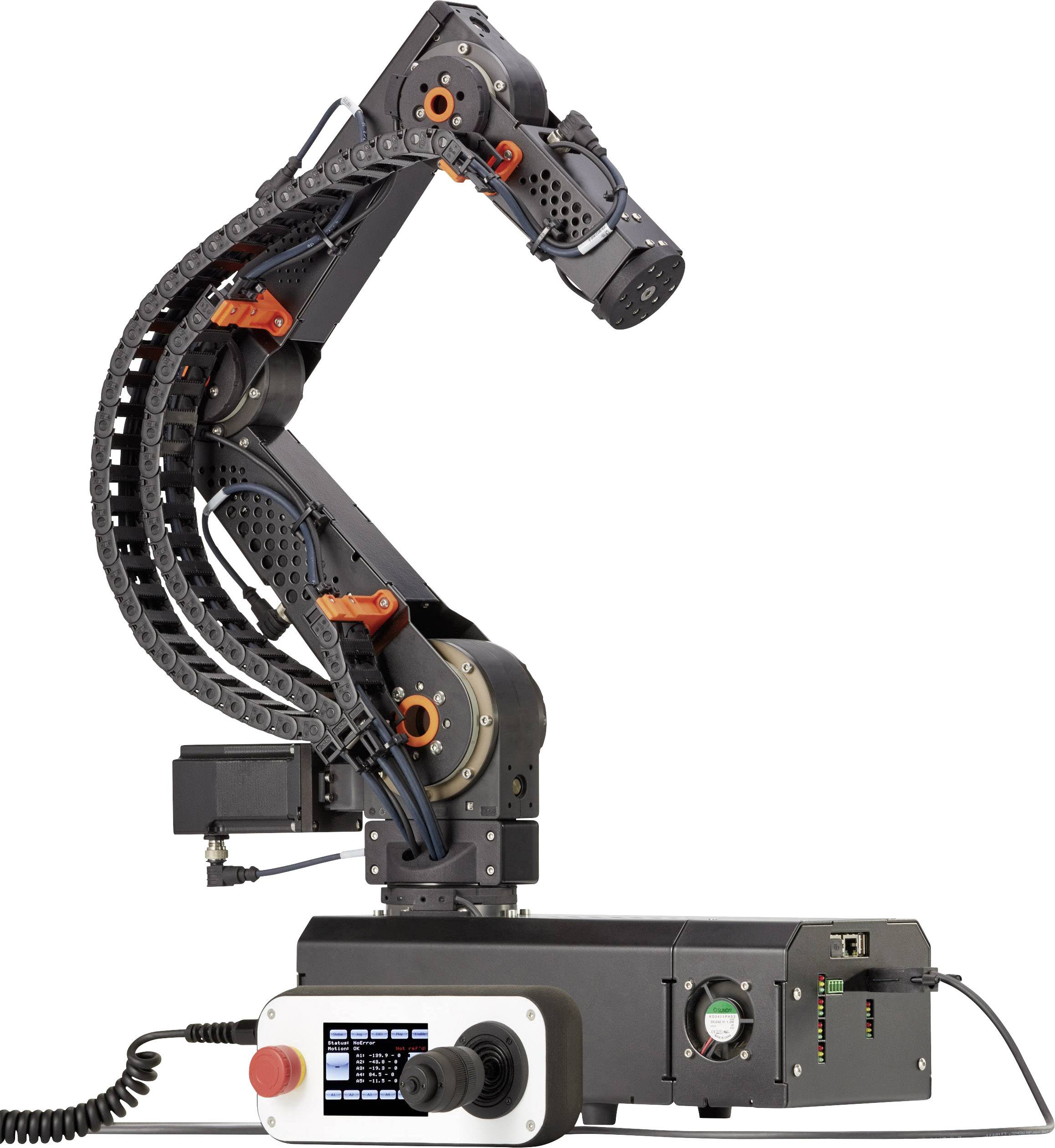 Industriële robotarm met meerdere gewrichten, verbonden met een bedieningspaneel. Geschikt voor automatisering van industriële processen.