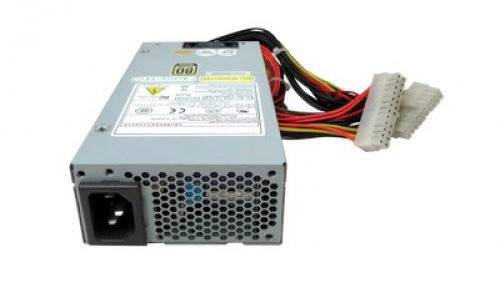 Een zilveren computervoeding met een ventilatierooster en meerdere gekleurde kabels met aansluitingen.