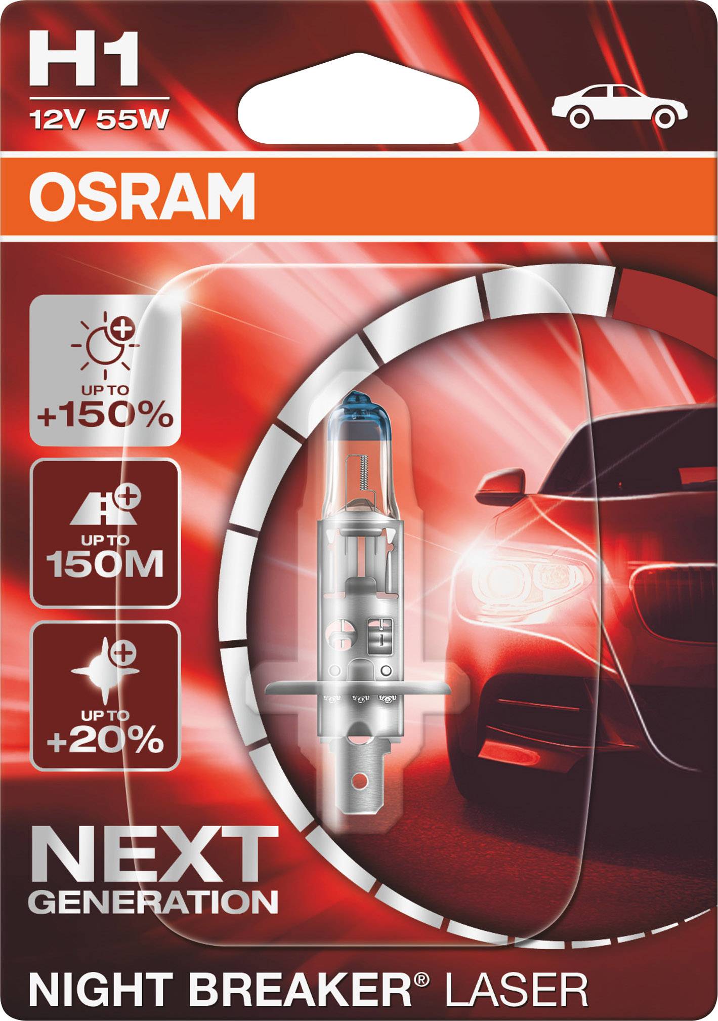 Verpakking van een H1 12V 55W OSRAM 'Night Breaker Laser' autolamp. Belangrijkste kenmerken: tot 150% meer helderheid, tot 150m bereik. Hoofdafbeelding toont een rode auto.