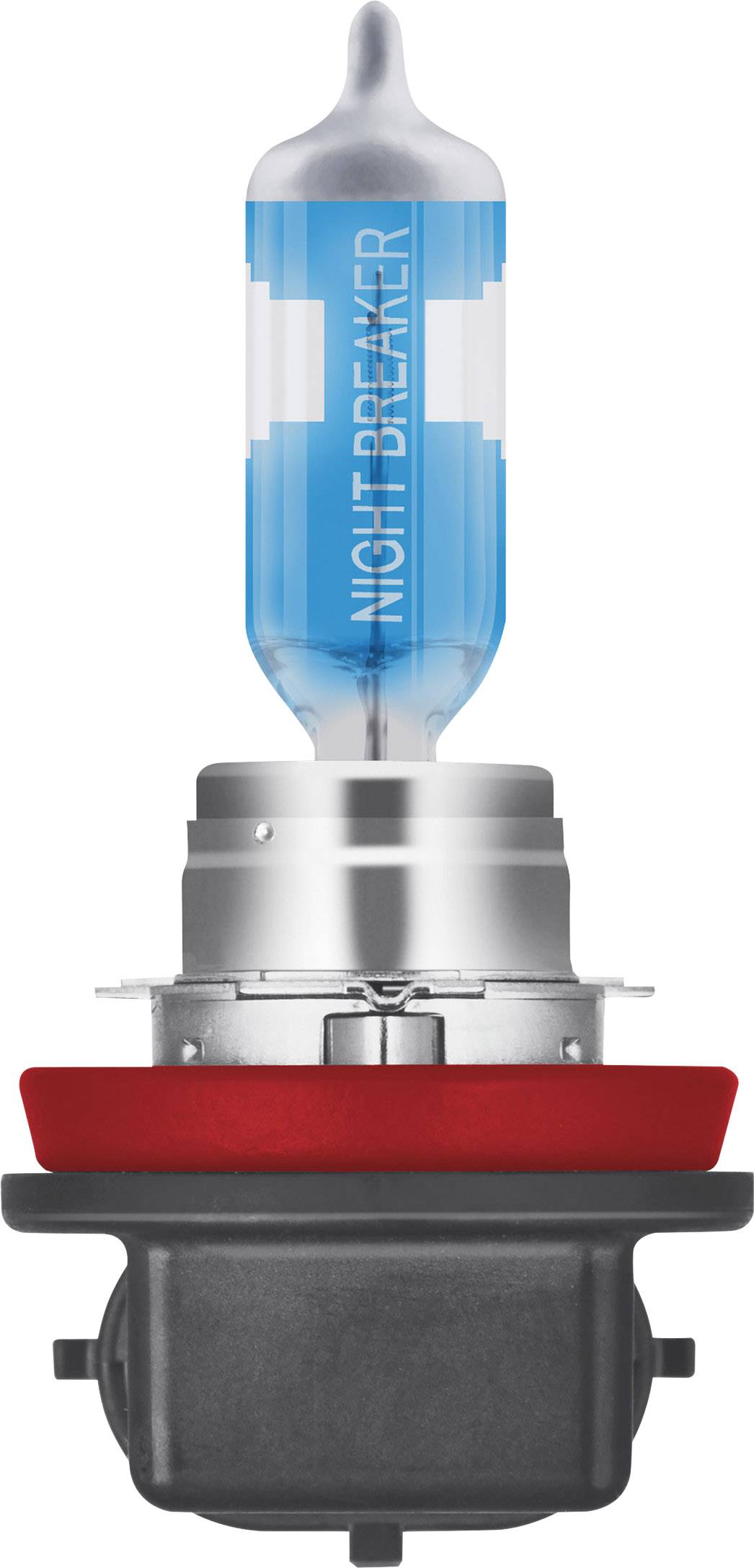 Halogeenlamp met blauwe glazen kap en zilveren voet waarop 'Night Breaker' staat; geschikt voor voertuigverlichting.