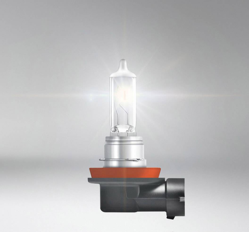 Een halogeenlamp met een zwarte voet en een oranje afdichting schijnt tegen een neutraal grijze achtergrond.