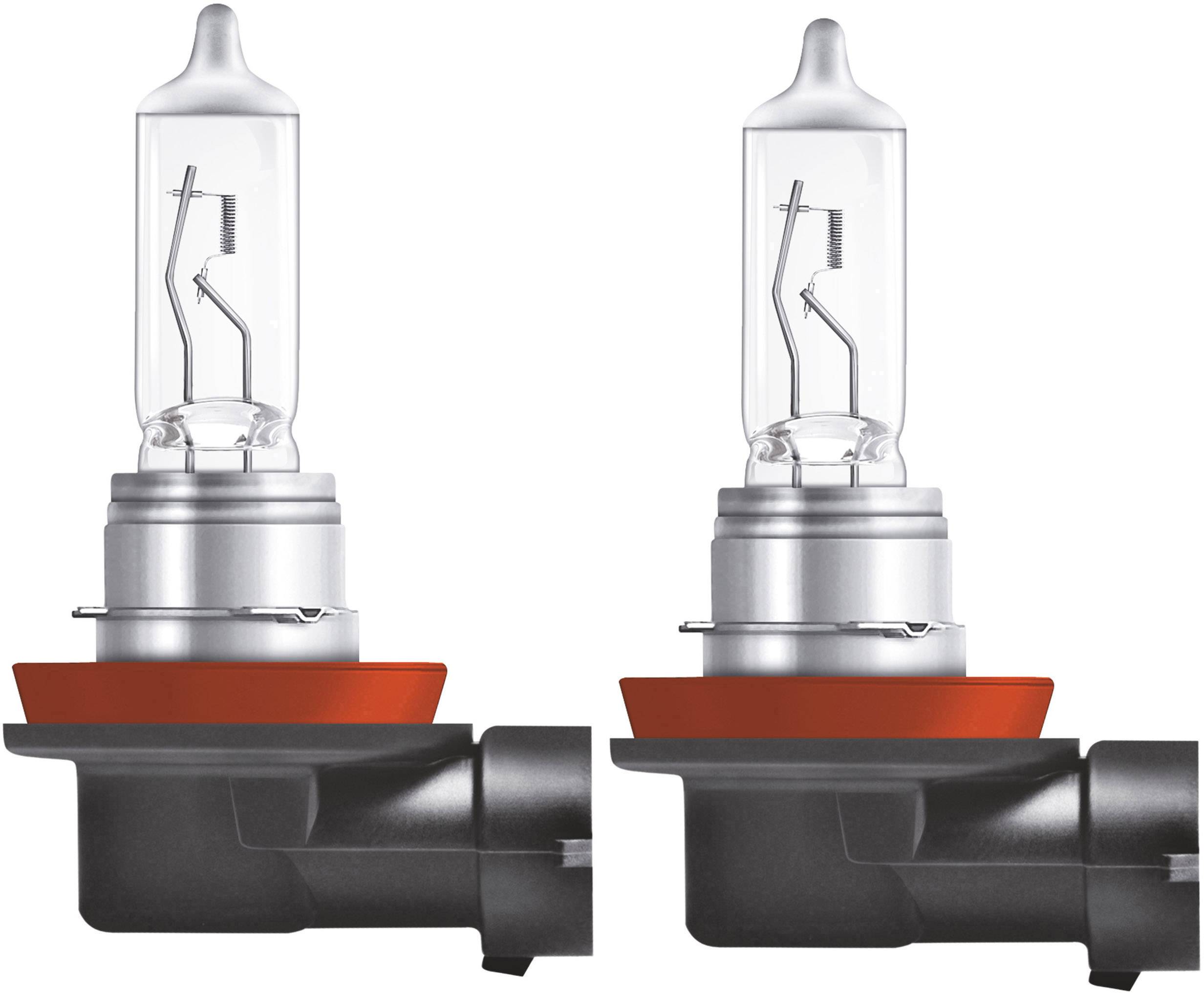 Twee halogeenlampen naast elkaar op een witte achtergrond. Beide lampen hebben een zilveren fitting en zijn voorzien van een rode voet.