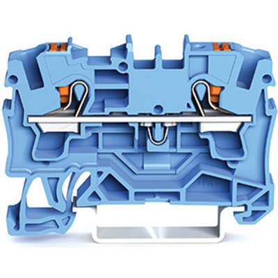 Een doorsnede van een blauwe elektrische aansluitblok met metalen contactvlakken en oranje drukcomponenten.