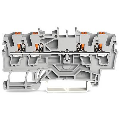 Doorsnede van een elektrische klem met meerdere geleideringsaansluitingen, veren en metalen onderdelen, toont de interne structuur.