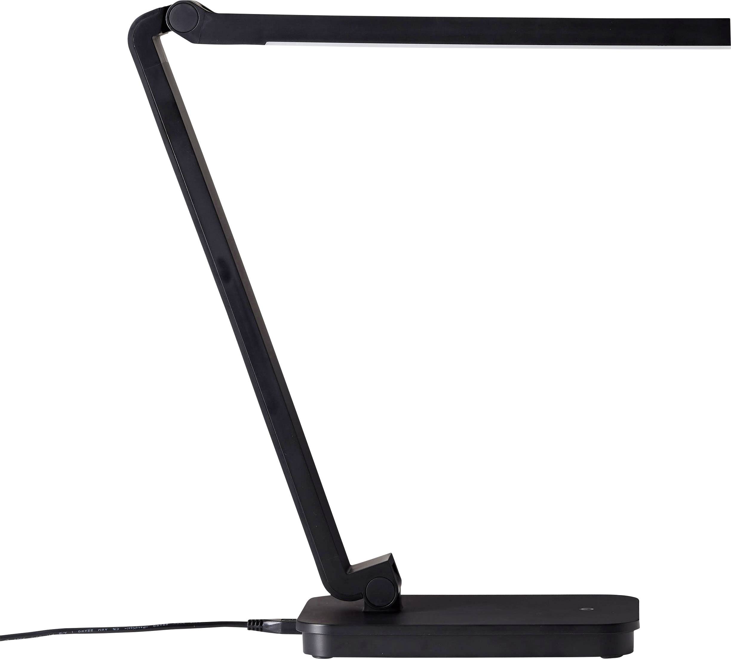 Een moderne zwarte bureaulamp met een verstelbare arm staat rechtop. Het netsnoer is aangesloten aan de voet.