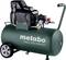 Een groene luchtcompressor van Metabo, model 'Basic 250-50 WOF', met manometer, drukregelaar, handgreep en grote wielen.