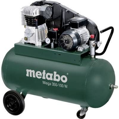 Een mobiele persluchtcompressor van Metabo, model Mega 350-100 W, met een groene tank en zwarte wielen, geschikt voor gereedschapgebruik.