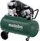 Een mobiele persluchtcompressor van Metabo, model Mega 350-100 W, met een groene tank en zwarte wielen, geschikt voor gereedschapgebruik.