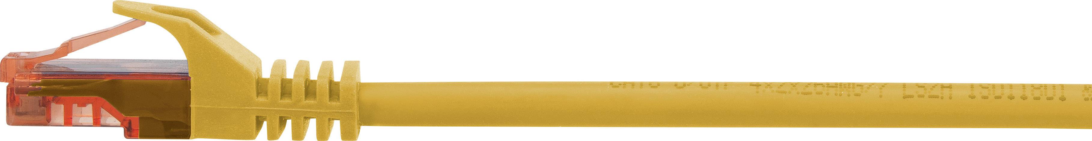 Een geel Ethernet-kabel met transparente RJ-45-connector, gebruikt voor netwerkverbindingen.