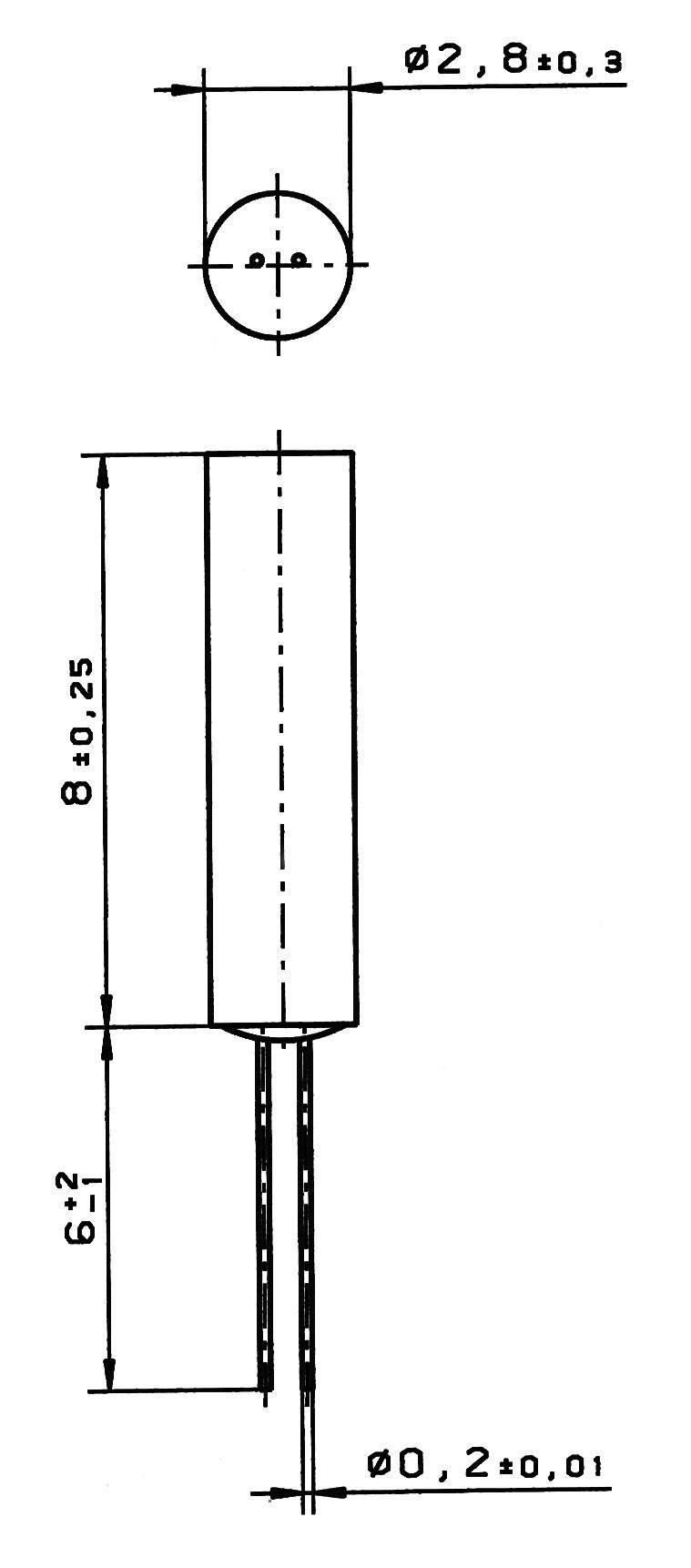 Technische tekening van een cilindrisch onderdeel met afmetingen: Diameter boven 2,8 ± 0,3, hoogte 8 ± 0,25, montagebeugels 6 ± 2, bodemaansluitdiameter 0,2 ± 0,01.