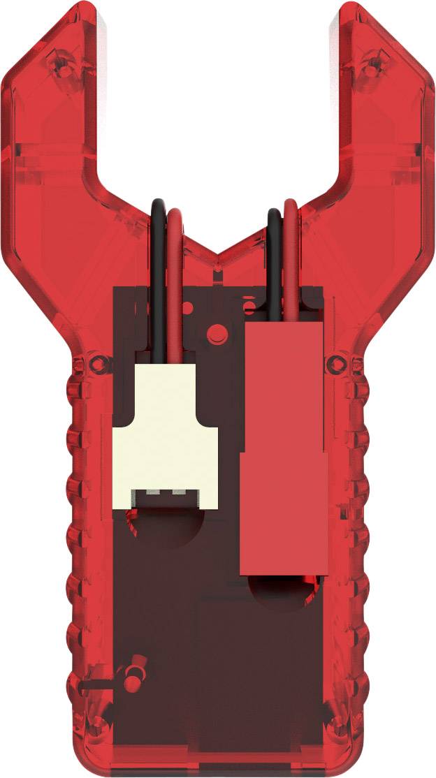 Rood transparant kunststof behuizing van een elektronisch onderdeel met kabels en aansluitingen aan de binnenkant, in de vorm van een moersleutel.