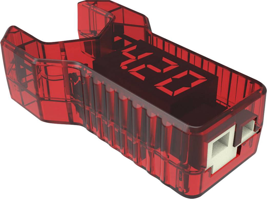 Een rood elektronisch apparaat met een digitale display en twee aansluitingen aan de voorkant, waarschijnlijk een adapter of converter.