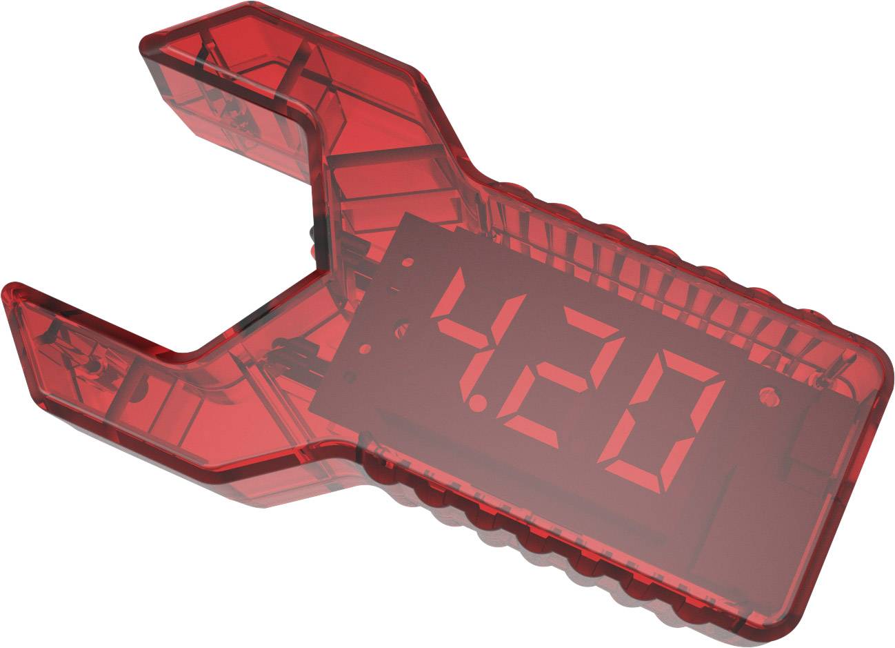 Een rode digitale tijdweergave die '4.20' aangeeft. De vorm lijkt op een haak of gereedschap met een futuristisch ontwerp.