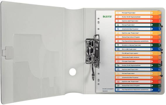 Map met registerinzetstuk, gekleurd van 1 tot 10, toont organisatiemogelijkheden voor papierdocumenten.