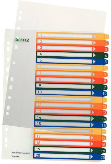 Registerbladen van 1 tot 20, genummerd in verschillende kleuren. Gebruikt voor het organiseren van documenten in een map.