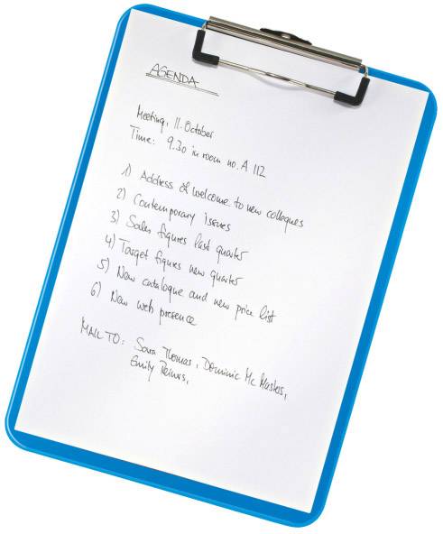 Een klembord met een notitie over de 'Agenda'. Vergadering op 11 oktober om 9:30 in zaal A 112. Puntenlijst met zes vergaderonderwerpen.