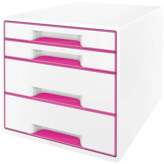 Witte ladenkast met vier laden, elk voorzien van roze handgrepen, geschikt voor het opbergen van documenten of kantoorbenodigdheden.