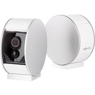 Twee zilveren bewakingscamera's van het merk Somfy met afgeronde randen staan naast elkaar; één toont de lens, de andere het logo.